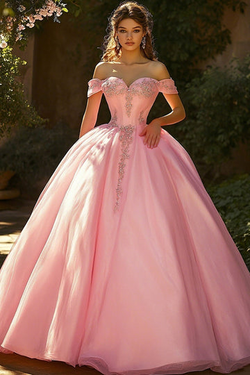 Ball Gown Pink Off the Shoulder Appliqued Princess Quinceanera Dress